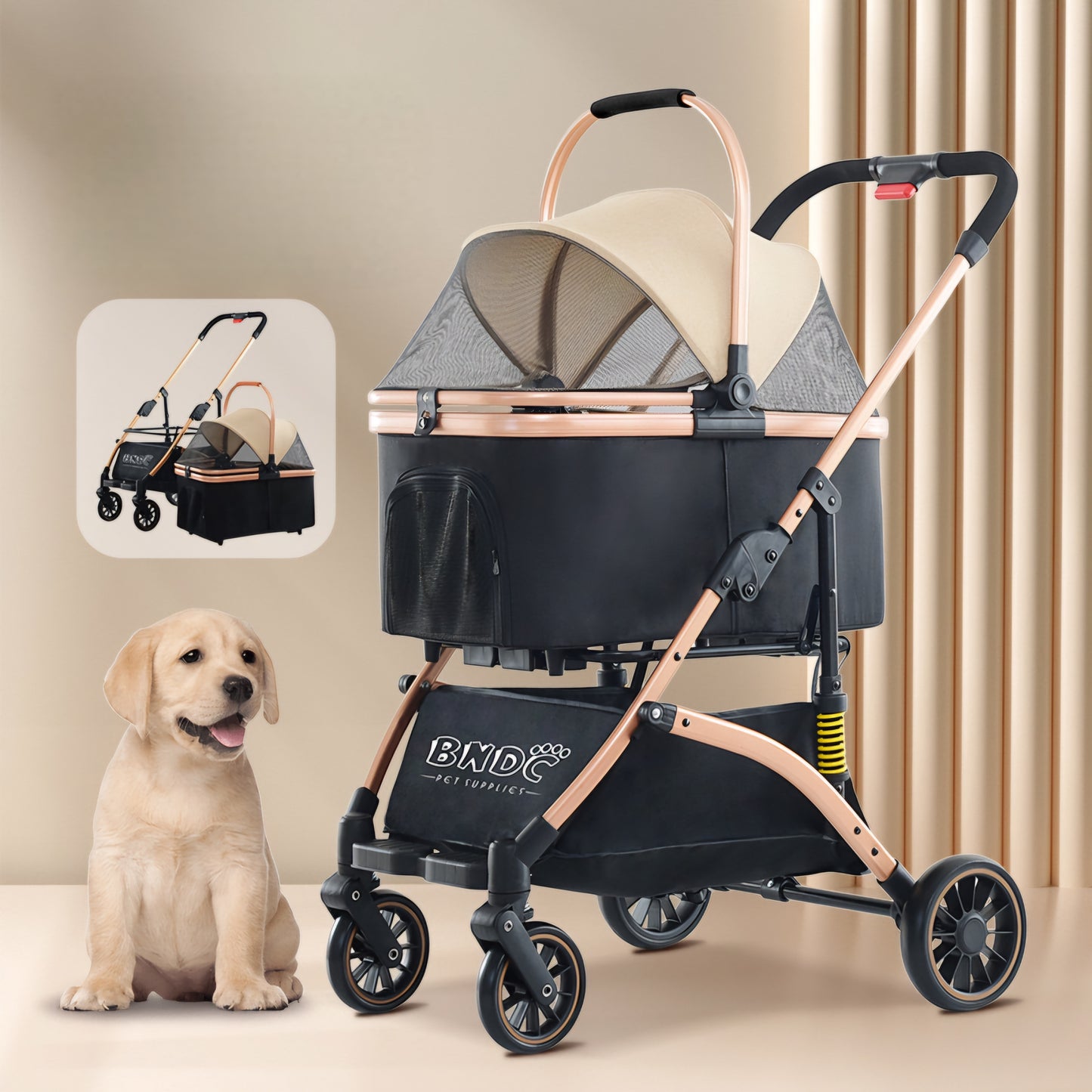 2-in-1 Foldable Aluminum Alloy Pet Stroller - Rose Gold